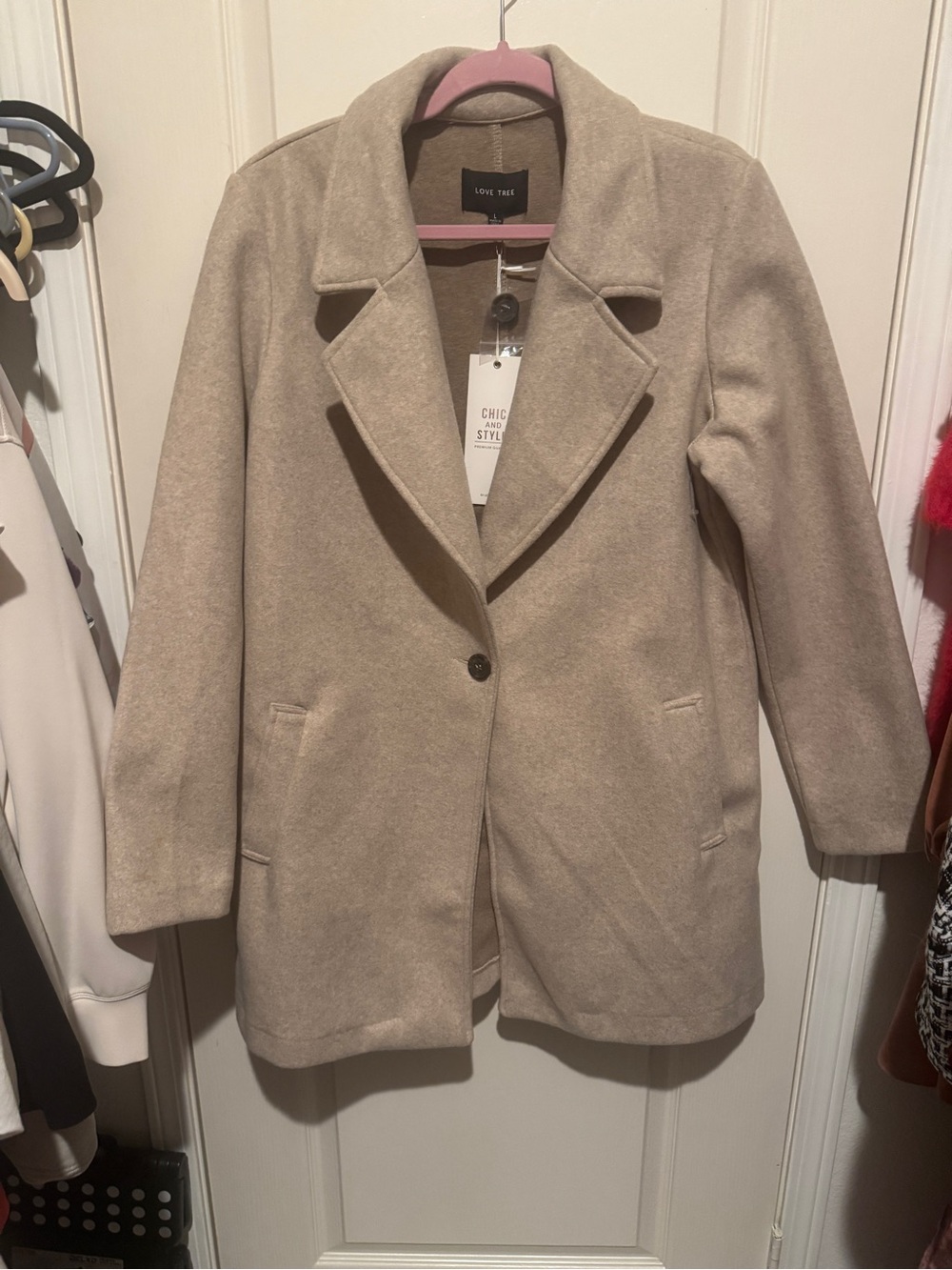 Love Tree Beige Wool-Blend Single-Button Pea Coat